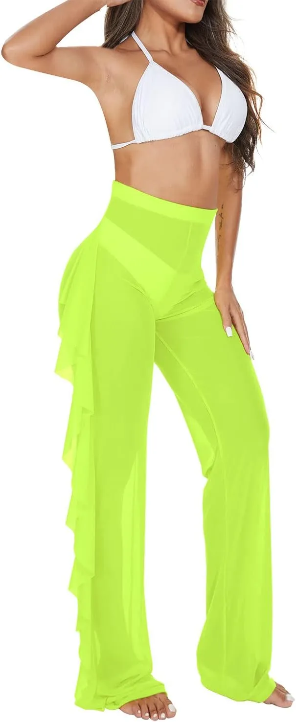 Jumppmile Women's Ruffle Sheer Mesh Swimwear Bikini Cover Up Pants See Through