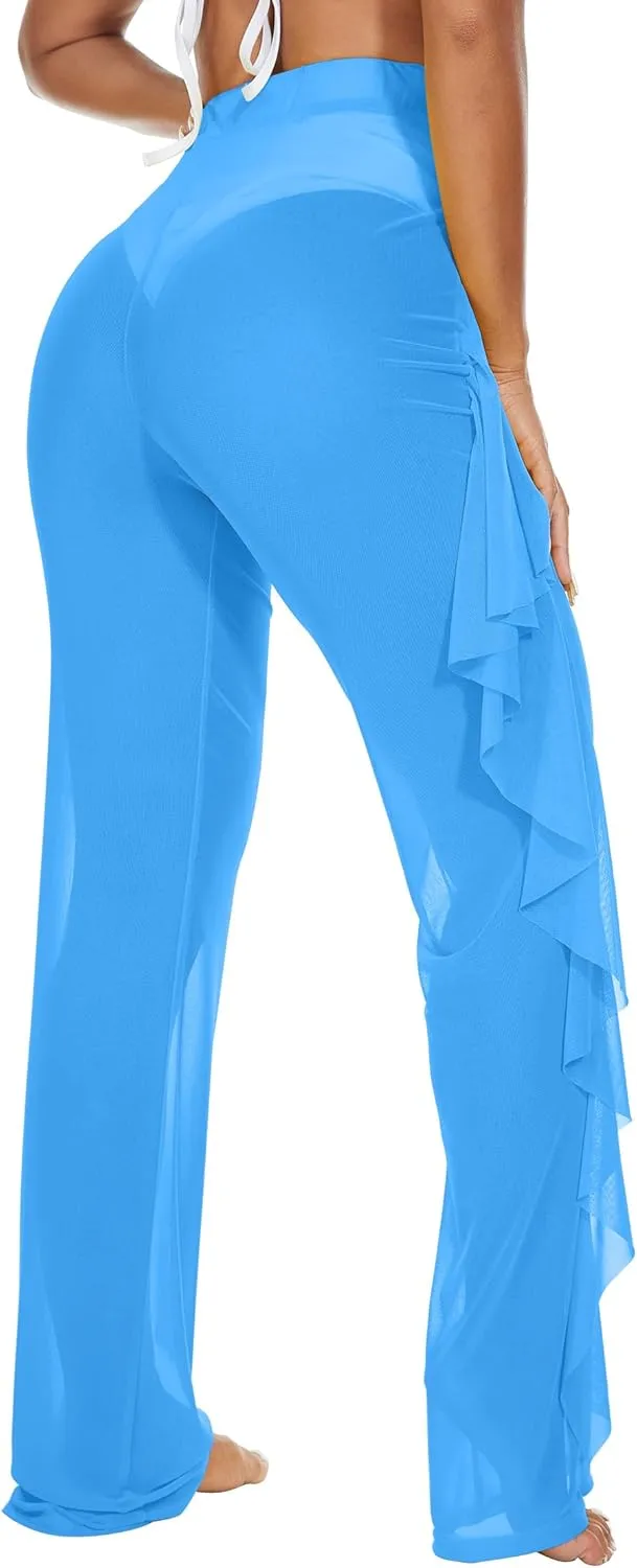 Jumppmile Women's Ruffle Sheer Mesh Swimwear Bikini Cover Up Pants See Through