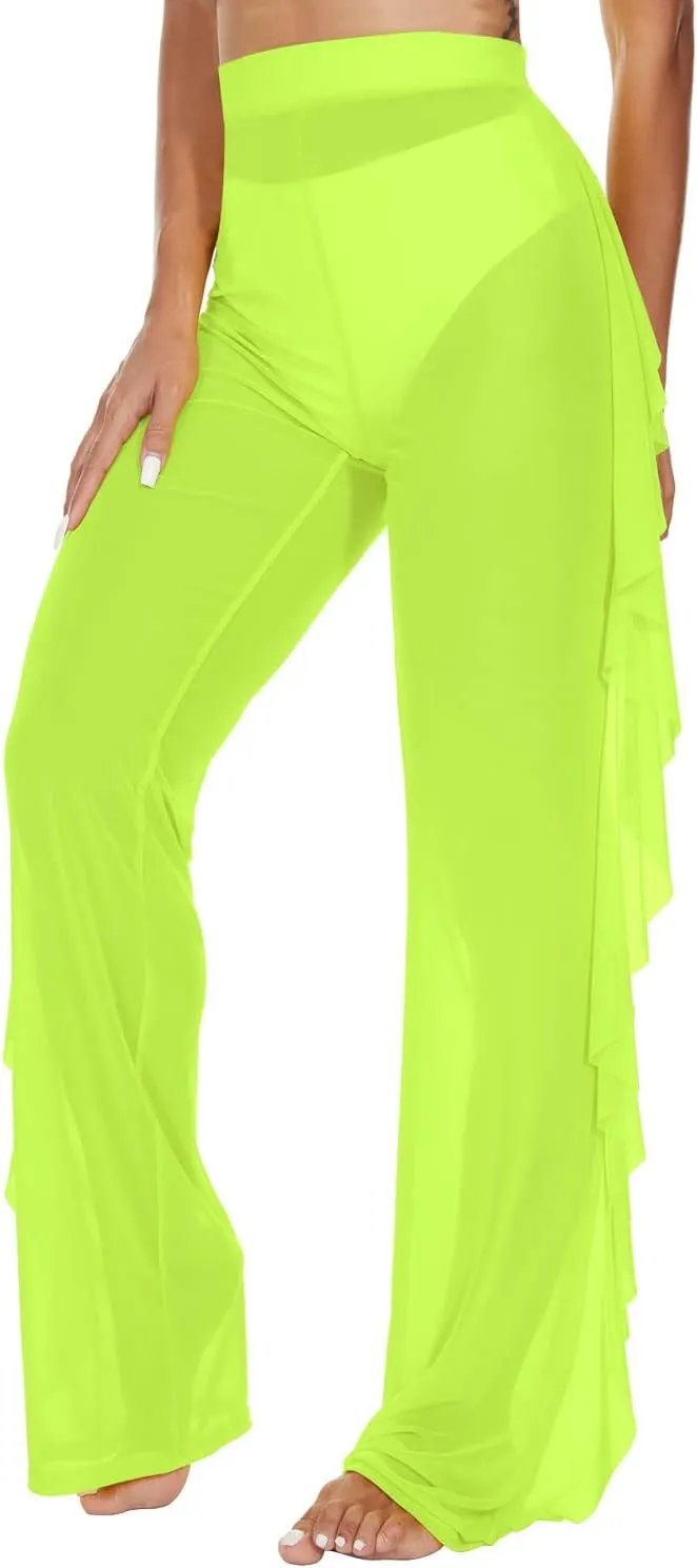 Jumppmile Women's Ruffle Sheer Mesh Swimwear Bikini Cover Up Pants See Through