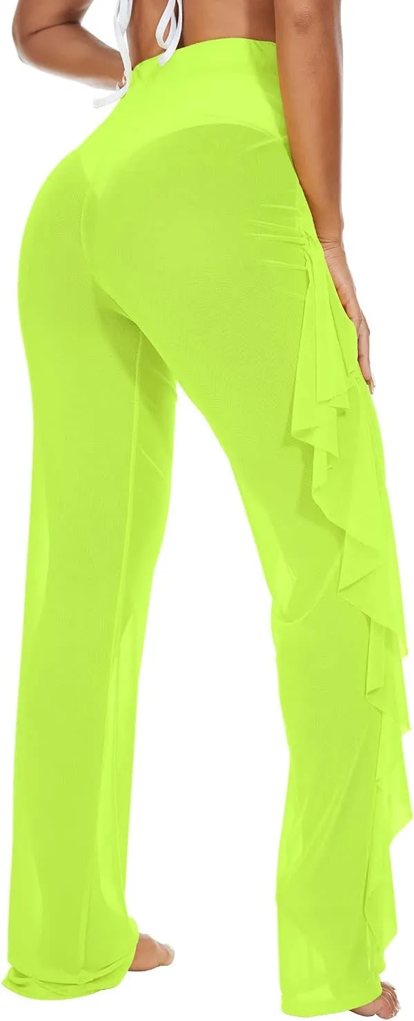 Jumppmile Women's Ruffle Sheer Mesh Swimwear Bikini Cover Up Pants See Through