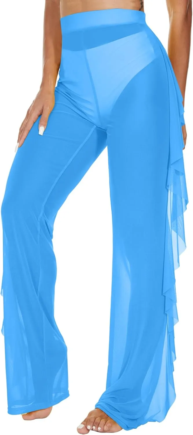 Jumppmile Women's Ruffle Sheer Mesh Swimwear Bikini Cover Up Pants See Through