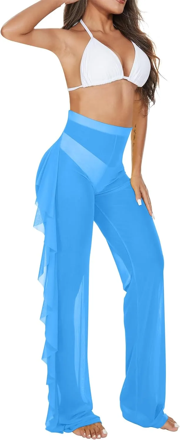 Jumppmile Women's Ruffle Sheer Mesh Swimwear Bikini Cover Up Pants See Through