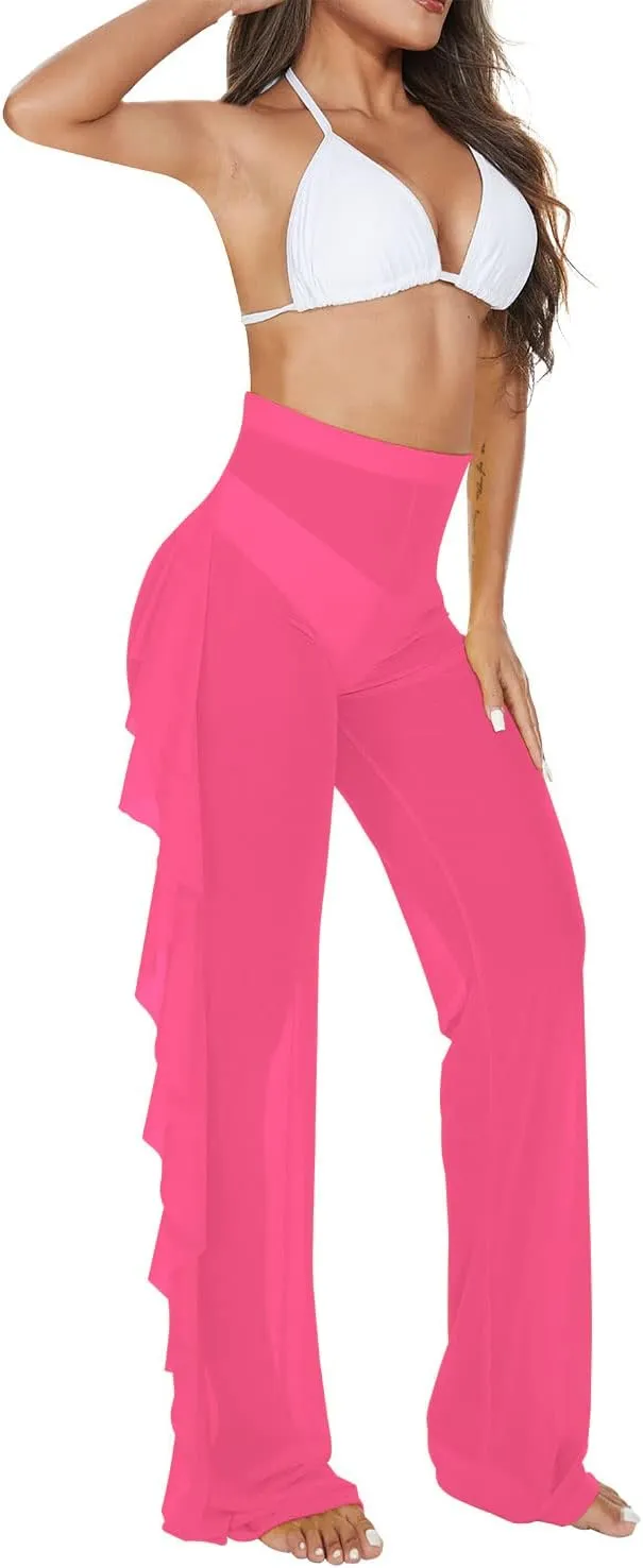 Jumppmile Women's Ruffle Sheer Mesh Swimwear Bikini Cover Up Pants See Through