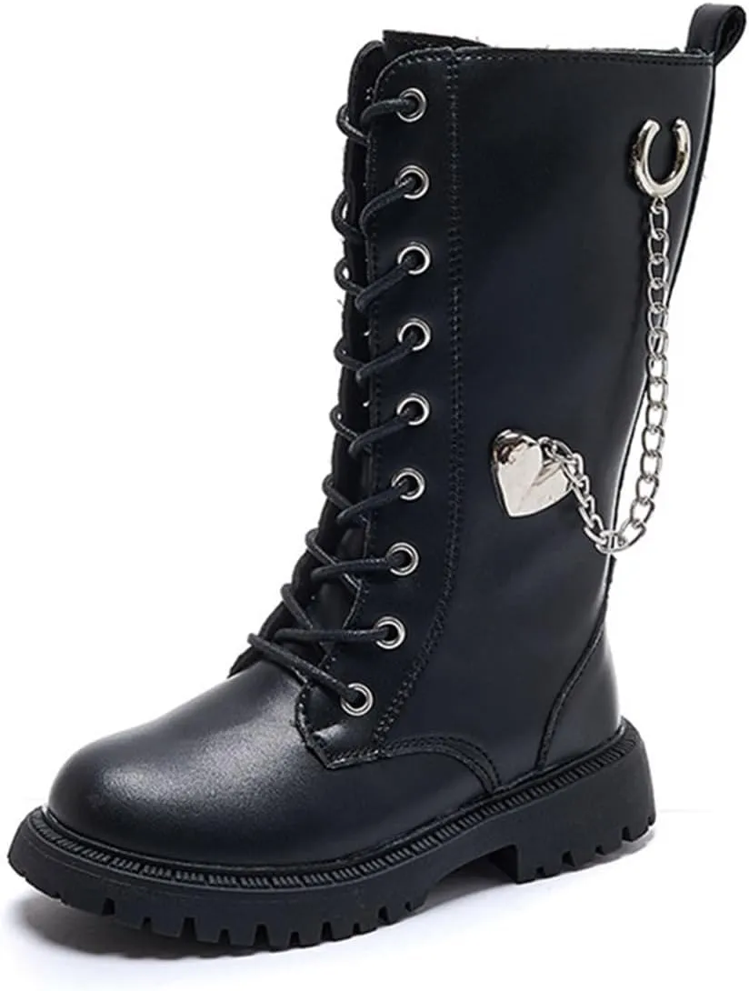 Kid's Girl's Waterproof Leather Lace-Up Zipper Mid Calf Combat Boots Outdoor Riding Boots Winter Boots Dress Princess Shoes(Toddler/Little Kid/Big Kid)