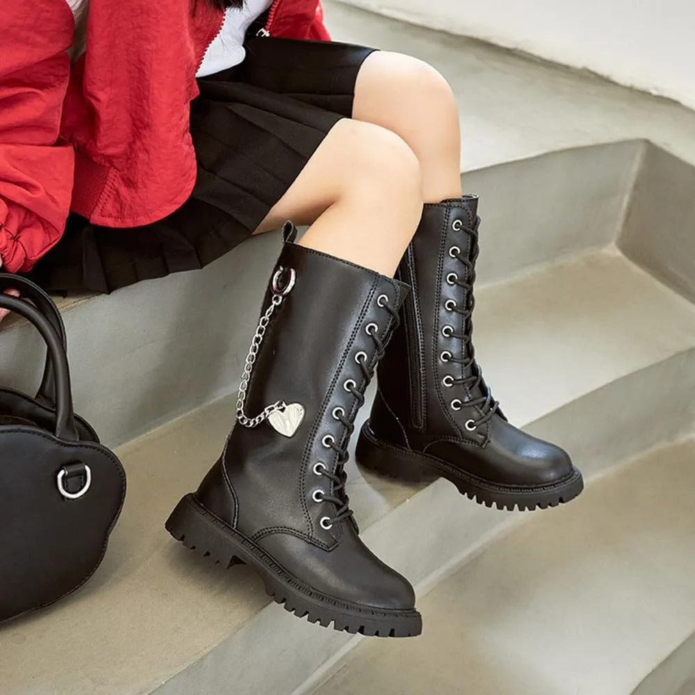Kid's Girl's Waterproof Leather Lace-Up Zipper Mid Calf Combat Boots Outdoor Riding Boots Winter Boots Dress Princess Shoes(Toddler/Little Kid/Big Kid)