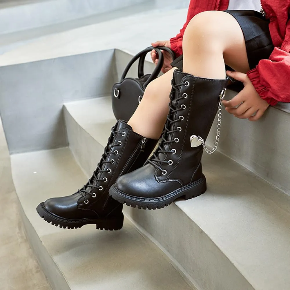 Kid's Girl's Waterproof Leather Lace-Up Zipper Mid Calf Combat Boots Outdoor Riding Boots Winter Boots Dress Princess Shoes(Toddler/Little Kid/Big Kid)
