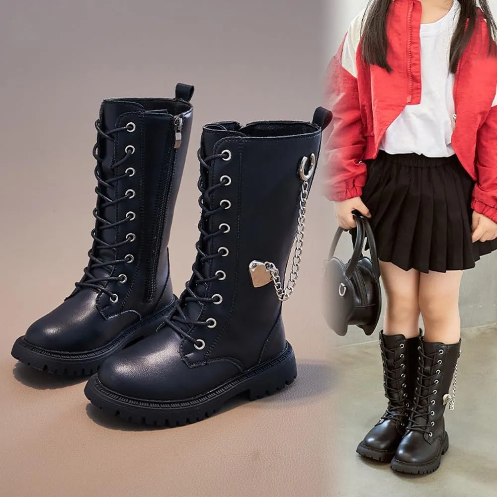 Kid's Girl's Waterproof Leather Lace-Up Zipper Mid Calf Combat Boots Outdoor Riding Boots Winter Boots Dress Princess Shoes(Toddler/Little Kid/Big Kid)