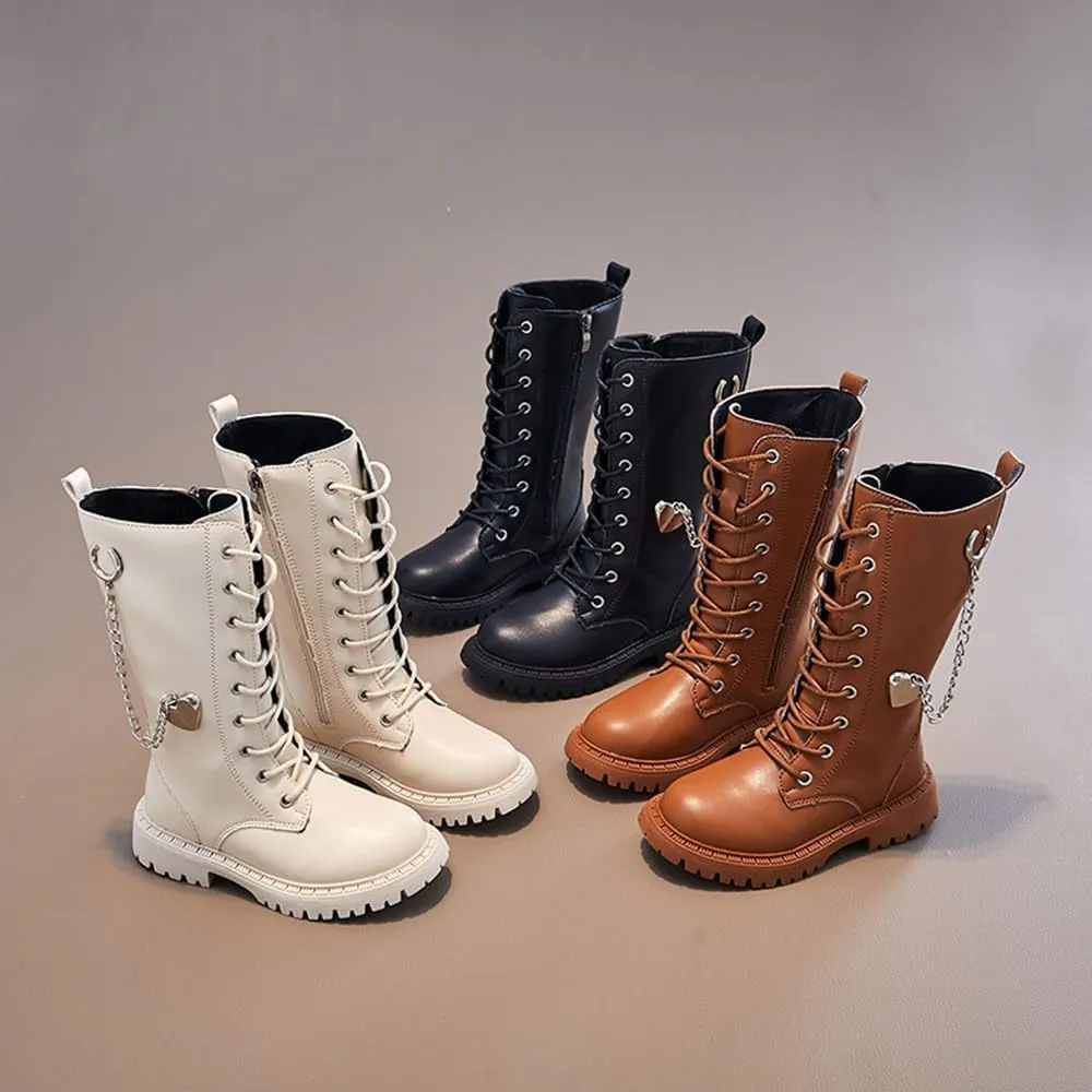 Kid's Girl's Waterproof Leather Lace-Up Zipper Mid Calf Combat Boots Outdoor Riding Boots Winter Boots Dress Princess Shoes(Toddler/Little Kid/Big Kid)
