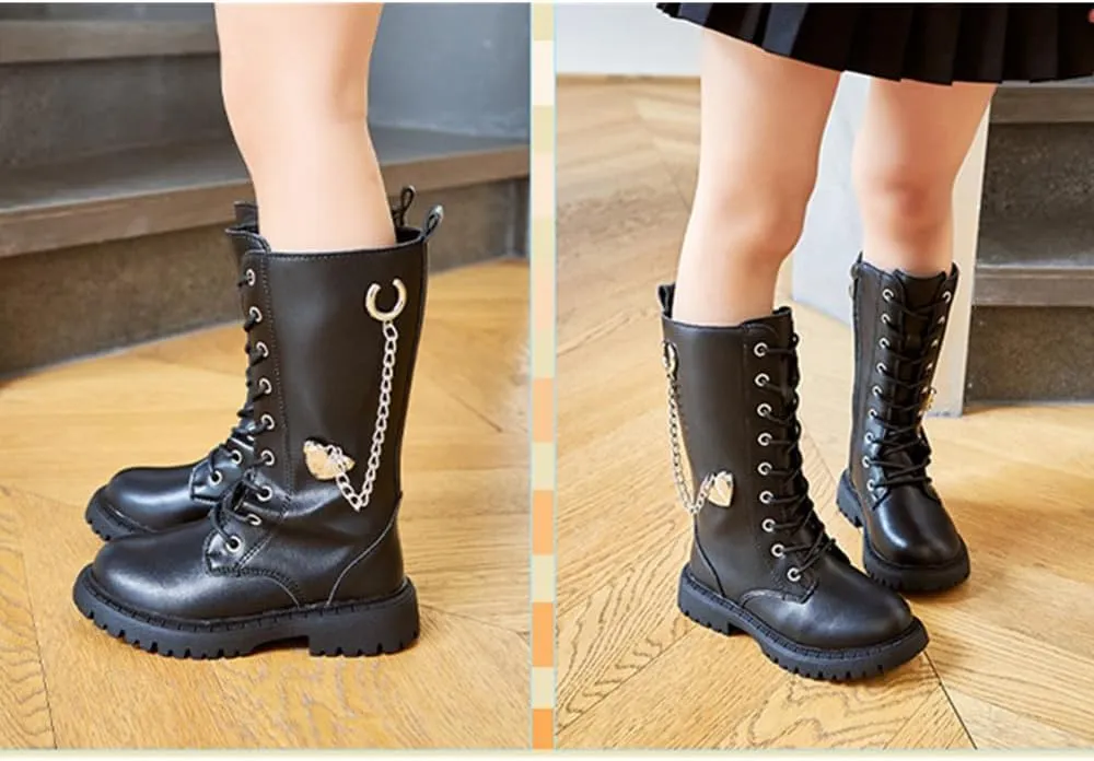 Kid's Girl's Waterproof Leather Lace-Up Zipper Mid Calf Combat Boots Outdoor Riding Boots Winter Boots Dress Princess Shoes(Toddler/Little Kid/Big Kid)