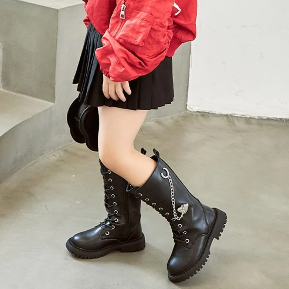 Kid's Girl's Waterproof Leather Lace-Up Zipper Mid Calf Combat Boots Outdoor Riding Boots Winter Boots Dress Princess Shoes(Toddler/Little Kid/Big Kid)