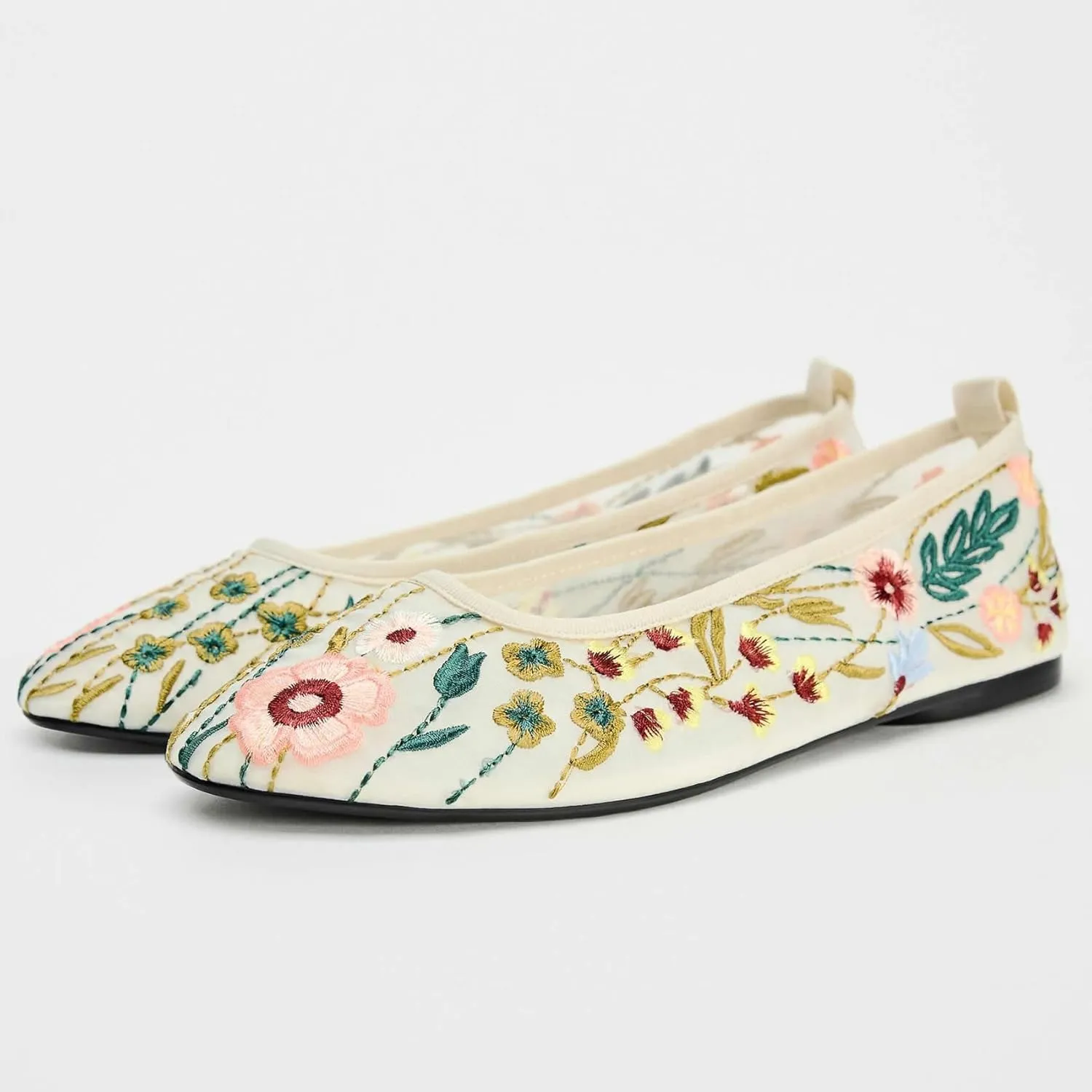 Kluolandi Flower Embroidered Ballet Flats Shoes for Women Breathable Mesh Flats Slip On Floral Ballerina Shoes