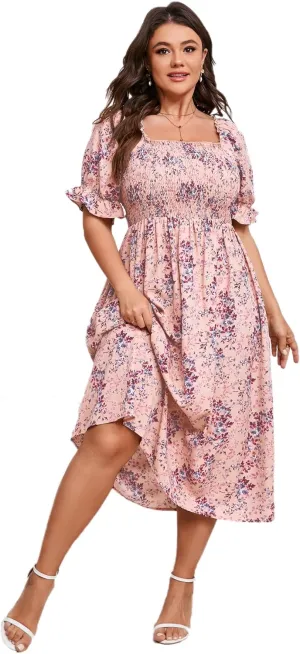 KOJOOIN Womens Puff Sleeve Summer Floral Dress Plus Size Smocked Ruffle Square Neck Casual Dress Cute Midi Dress