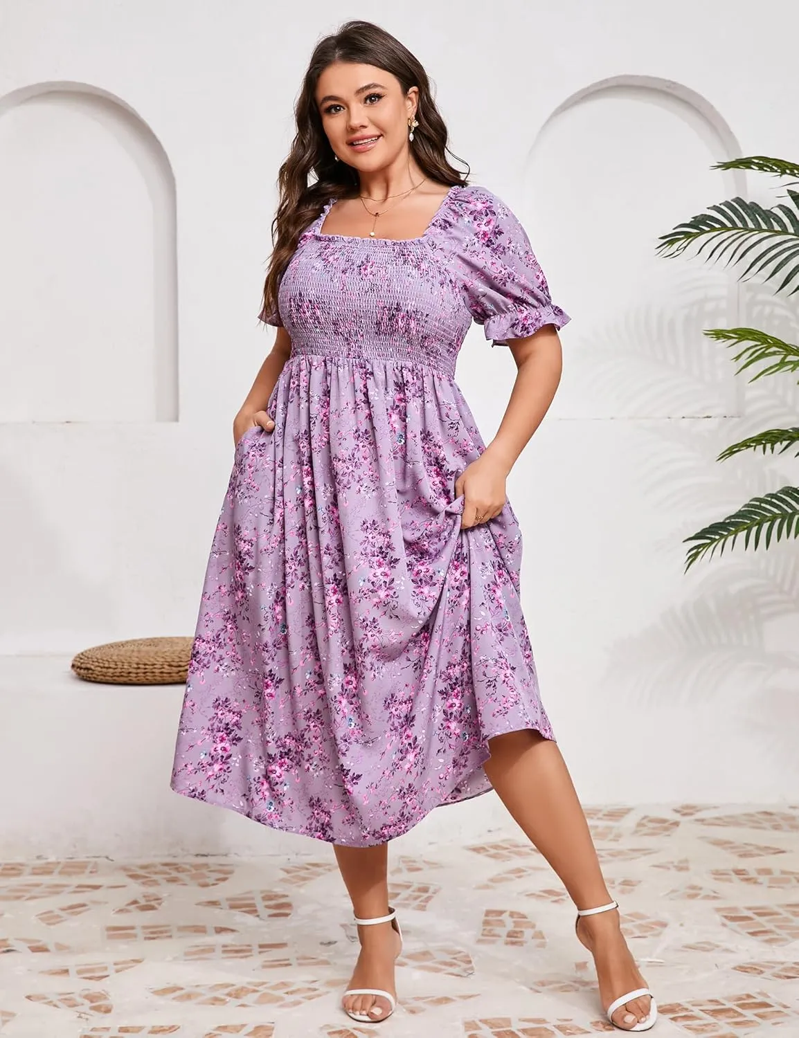 KOJOOIN Womens Puff Sleeve Summer Floral Dress Plus Size Smocked Ruffle Square Neck Casual Dress Cute Midi Dress