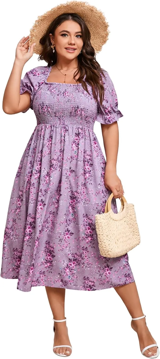 KOJOOIN Womens Puff Sleeve Summer Floral Dress Plus Size Smocked Ruffle Square Neck Casual Dress Cute Midi Dress
