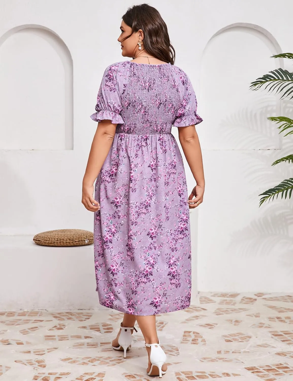 KOJOOIN Womens Puff Sleeve Summer Floral Dress Plus Size Smocked Ruffle Square Neck Casual Dress Cute Midi Dress
