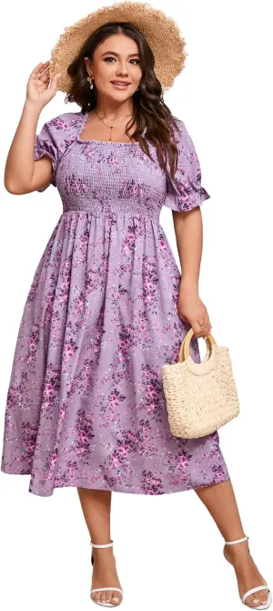 KOJOOIN Womens Puff Sleeve Summer Floral Dress Plus Size Smocked Ruffle Square Neck Casual Dress Cute Midi Dress
