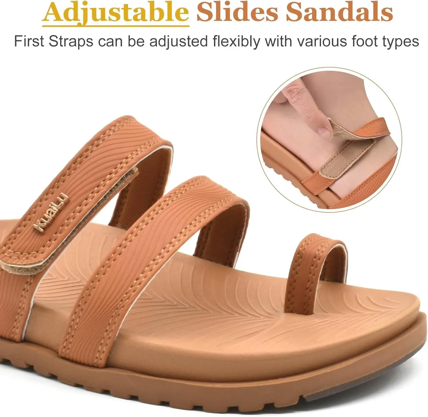 KuaiLu Womens Slides Sandals with Plantar Fasciitis Arch Support Fashion Comfort Adjustable Flat Sandals Ladies Lightweight Orthotic Slip on Sandals