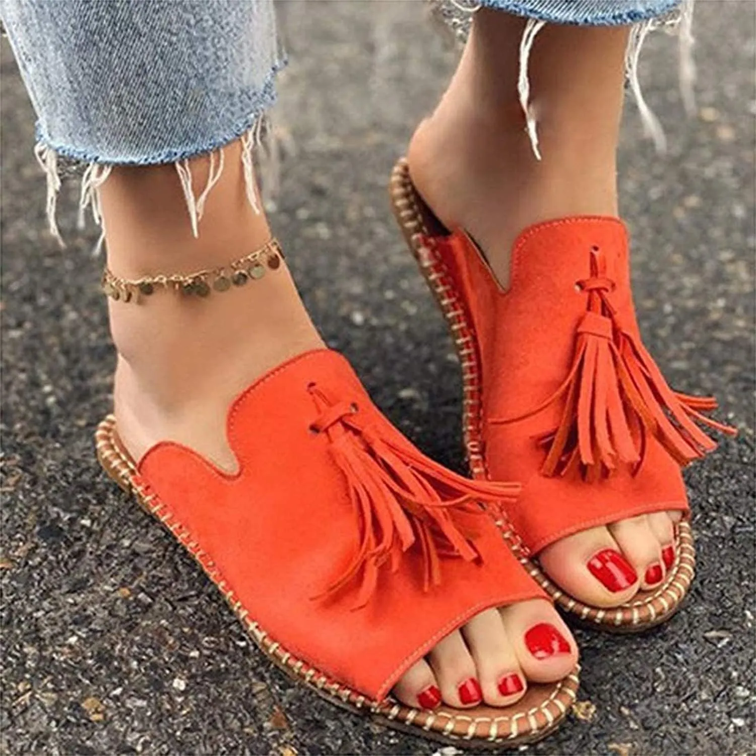 Ladies Flat Sandals Women Comfortable Sandal Shoes Tassel Leather Sandal Shoes Gladiator Sandals