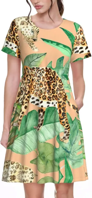 Leopard and Palm Leaves Print Women's Short Sleeve Dress,Sundresses Summer A-Line Dress with Pockets