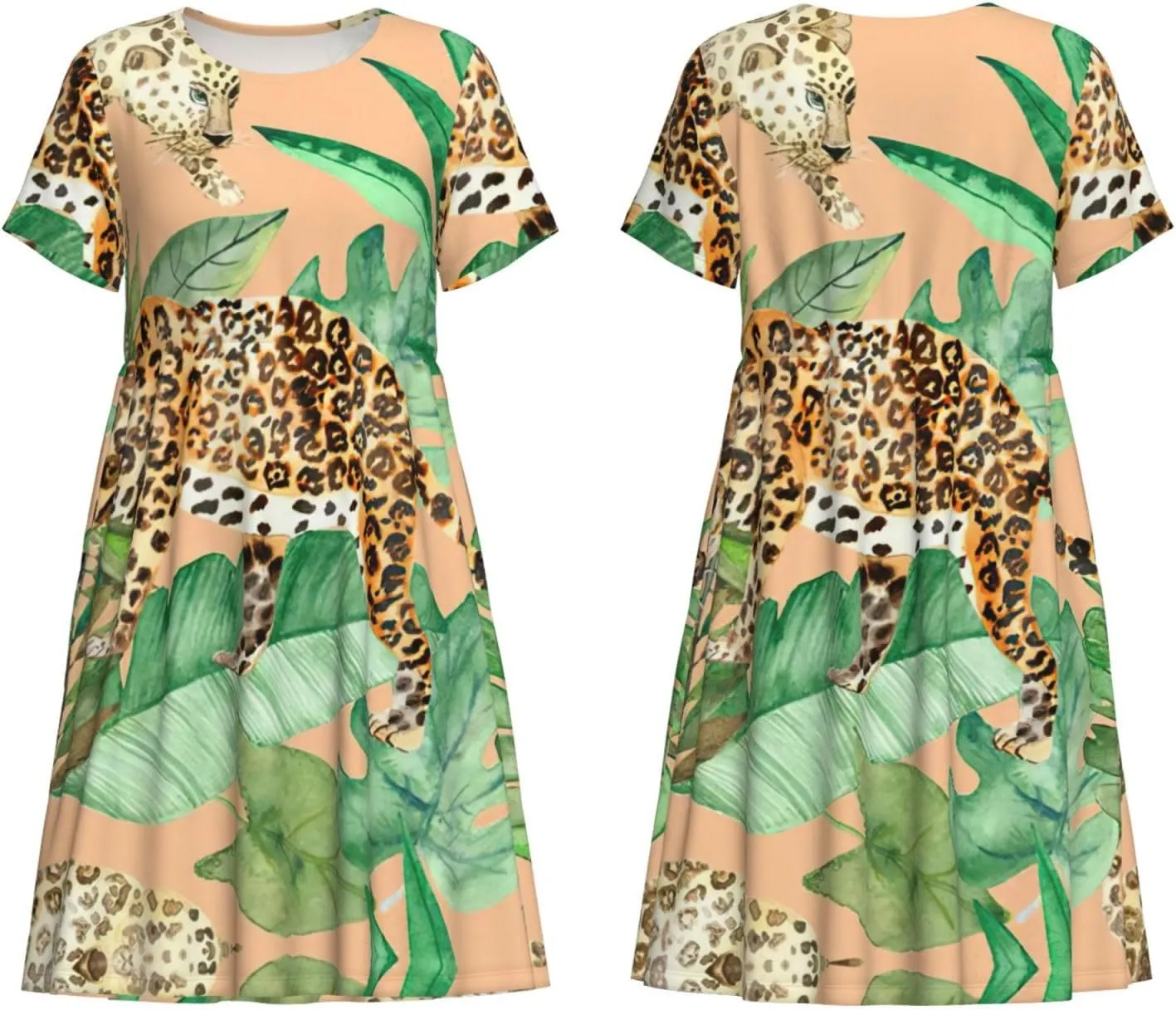 Leopard and Palm Leaves Print Women's Short Sleeve Dress,Sundresses Summer A-Line Dress with Pockets