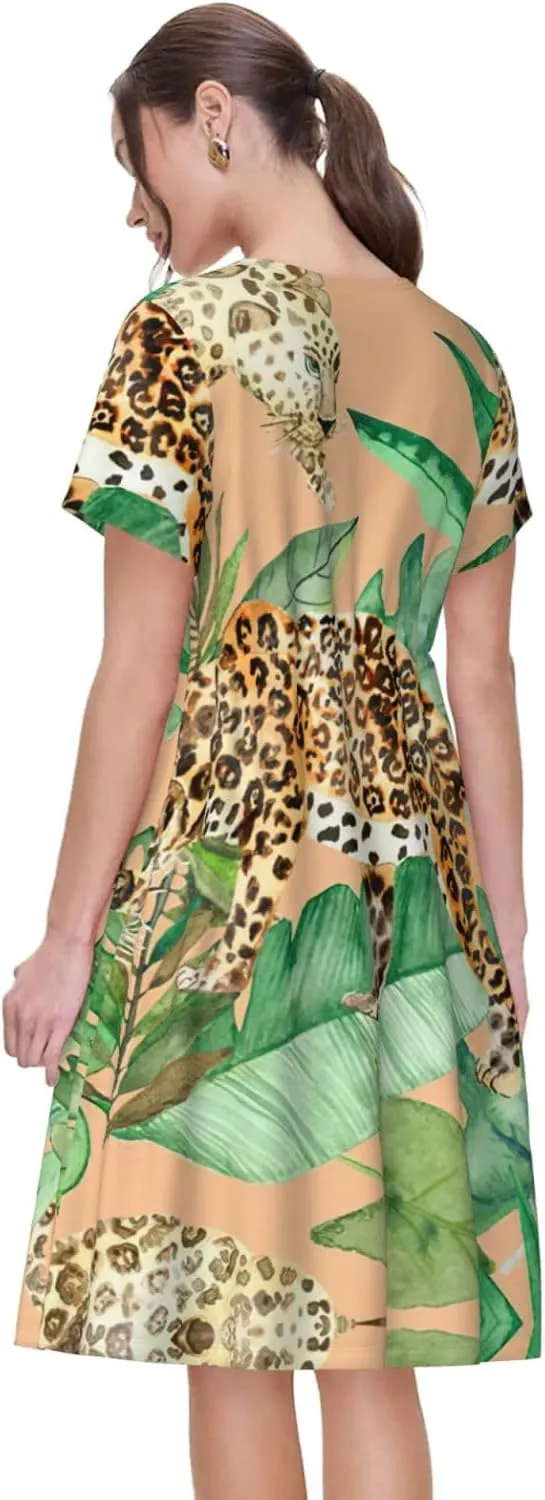 Leopard and Palm Leaves Print Women's Short Sleeve Dress,Sundresses Summer A-Line Dress with Pockets