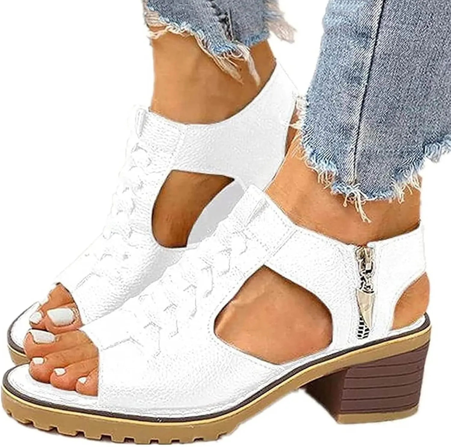 Libiyi Sandals Women Dressy 2025, Open Toe Cutout Zipper Chunky Heeled New Hollow Fish Mouth Slip on Summer Beach Boho Comfortable Outdoor Shoes
