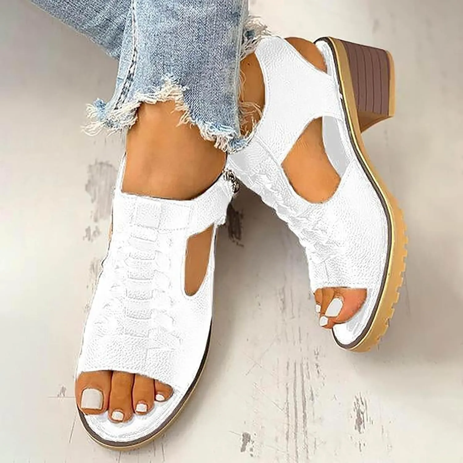 Libiyi Sandals Women Dressy 2025, Open Toe Cutout Zipper Chunky Heeled New Hollow Fish Mouth Slip on Summer Beach Boho Comfortable Outdoor Shoes