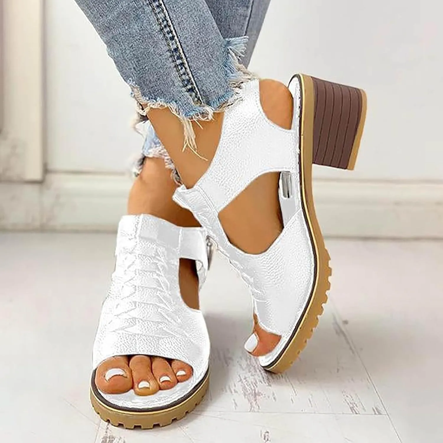 Libiyi Sandals Women Dressy 2025, Open Toe Cutout Zipper Chunky Heeled New Hollow Fish Mouth Slip on Summer Beach Boho Comfortable Outdoor Shoes