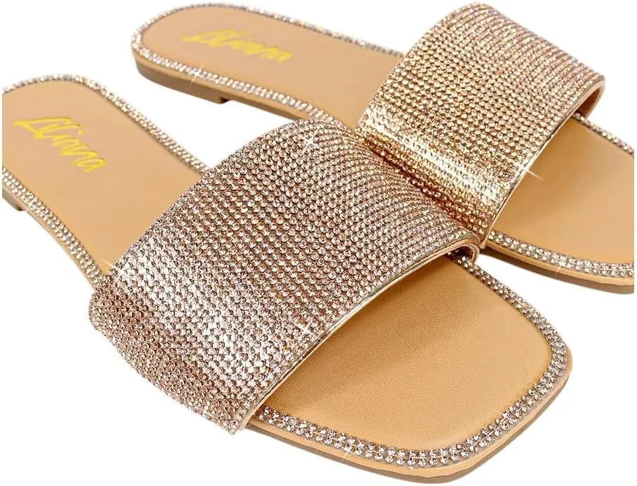 Liliana Womens Rhinestone Flat Sandals Slip On Slide sandals