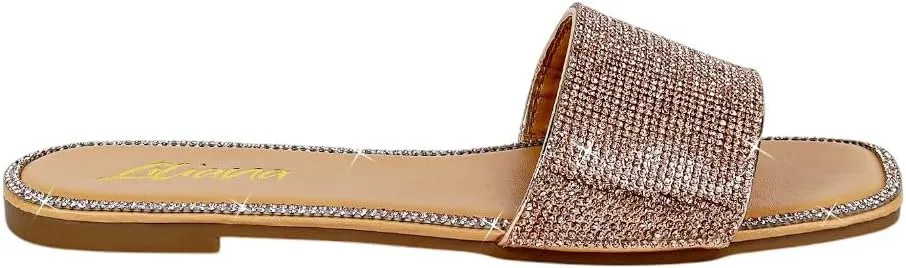 Liliana Womens Rhinestone Flat Sandals Slip On Slide sandals