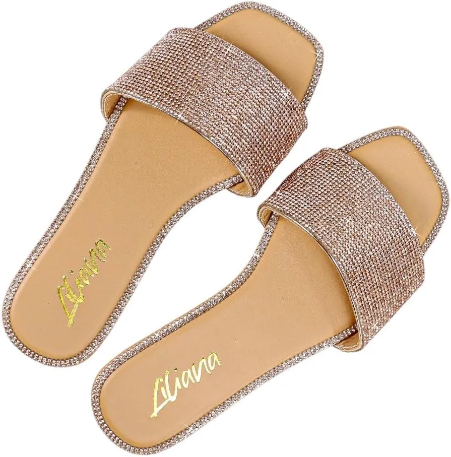 Liliana Womens Rhinestone Flat Sandals Slip On Slide sandals