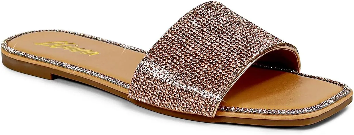 Liliana Womens Rhinestone Flat Sandals Slip On Slide sandals