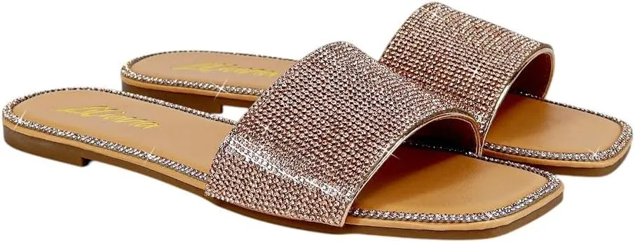 Liliana Womens Rhinestone Flat Sandals Slip On Slide sandals