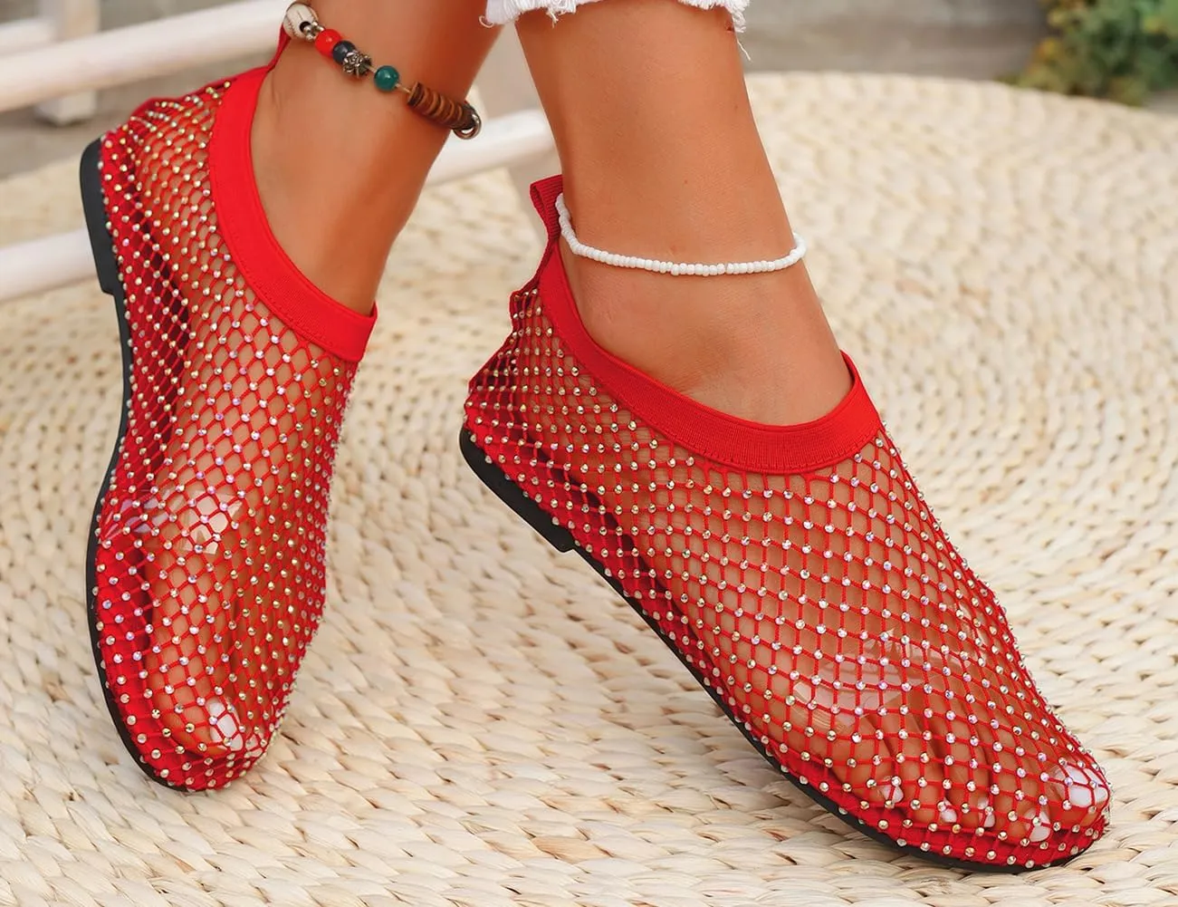Litex Ultra Comfortable Shiny Gem Mesh Flats, Shiny Gem Mesh Flats, Casual Elasticity Slip On Mesh Flat Shoes for Women
