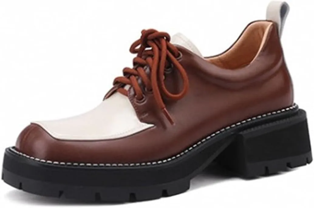 Loafers for Women Elegant Women's Split Leather Lace-Up Square Toe Pumps for Office and Daily Wear