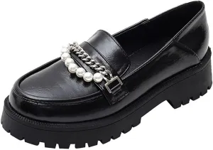 Loafers for Women Women's Black Oxford Shoes with Pearl Accents Stylish Leather Casual Footwear