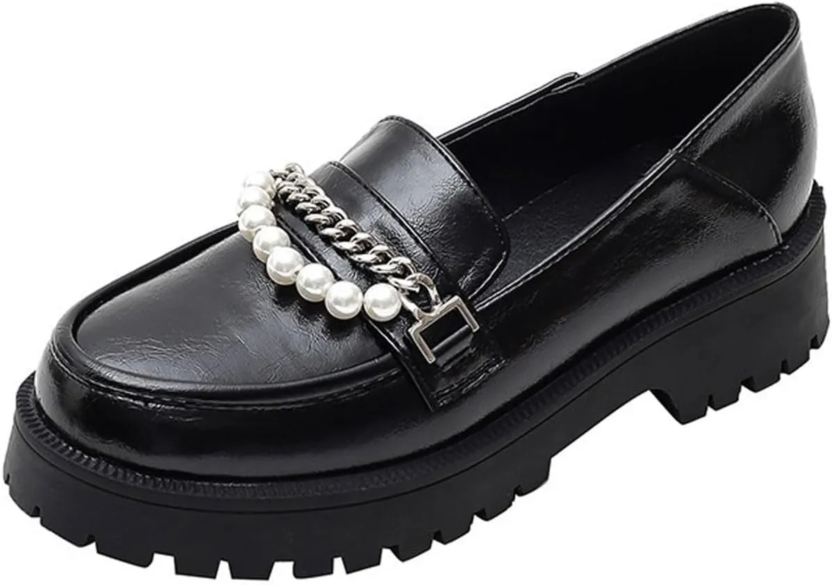 Loafers for Women Women's Black Oxford Shoes with Pearl Accents Stylish Leather Casual Footwear