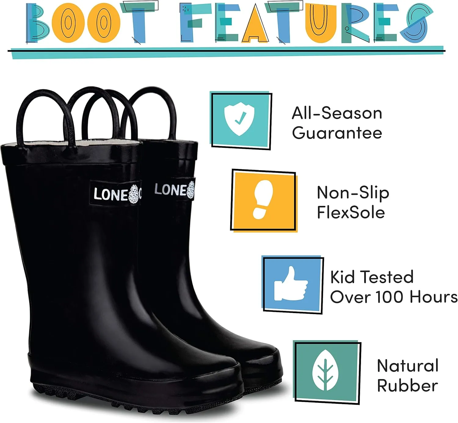 Lone Cone Kids Rain Boots for Girls & Boys – Waterproof Natural Rubber Toddler Rain Boots with Non-Slip Outsole & Easy Pull Handles – Solid, Pattern & Glitter Designs
