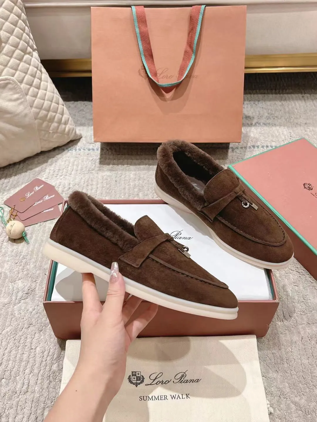 LP Summer Charms Walk Loafers Bottele Brown Suede With Rabbit Fur Lining 206262