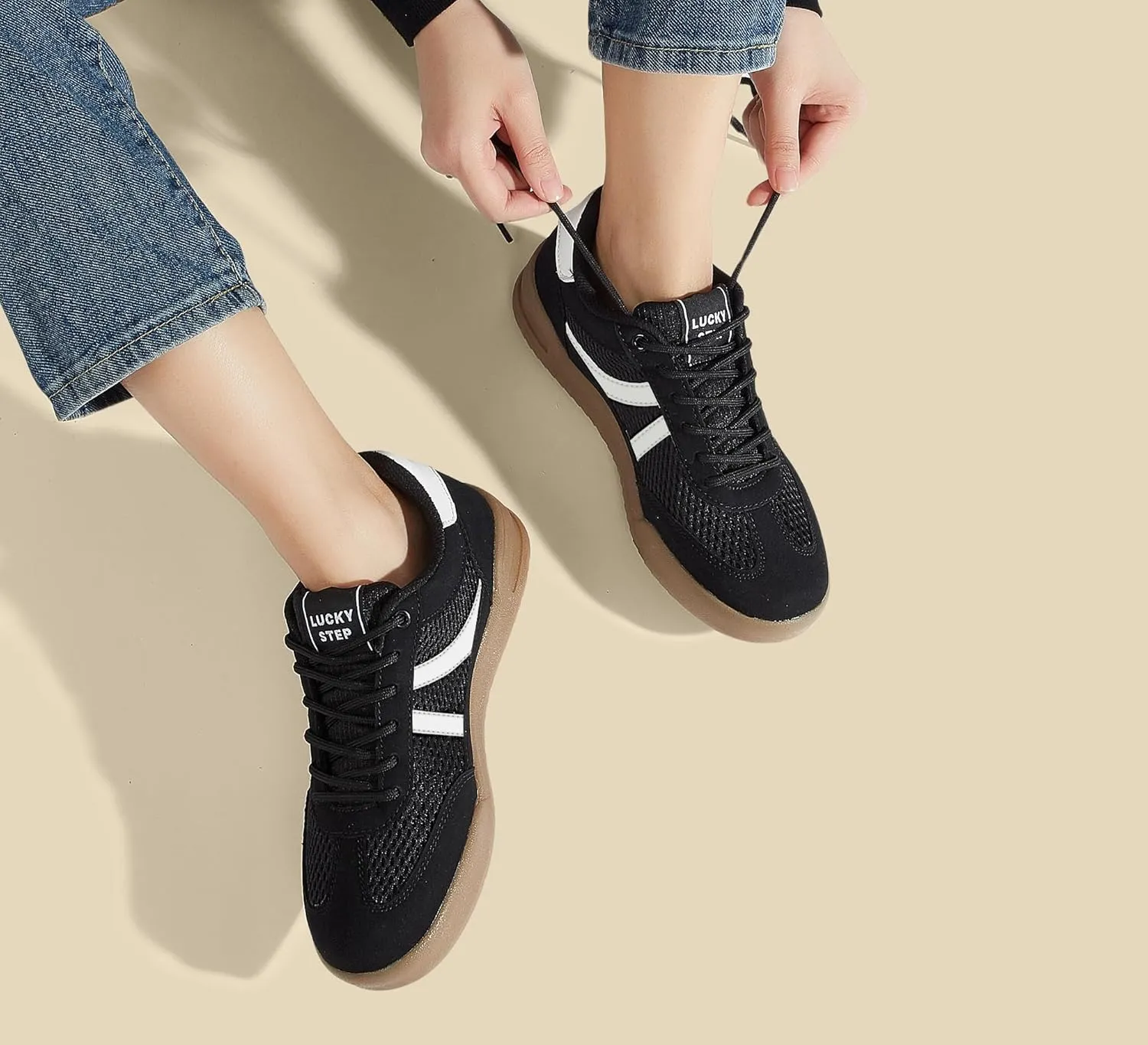 LUCKY STEP Women's Retro Fashion Sneakers Classic Mesh Gum Sole Tennis Footwear Casual Running Trainer Skate Walking Shoes