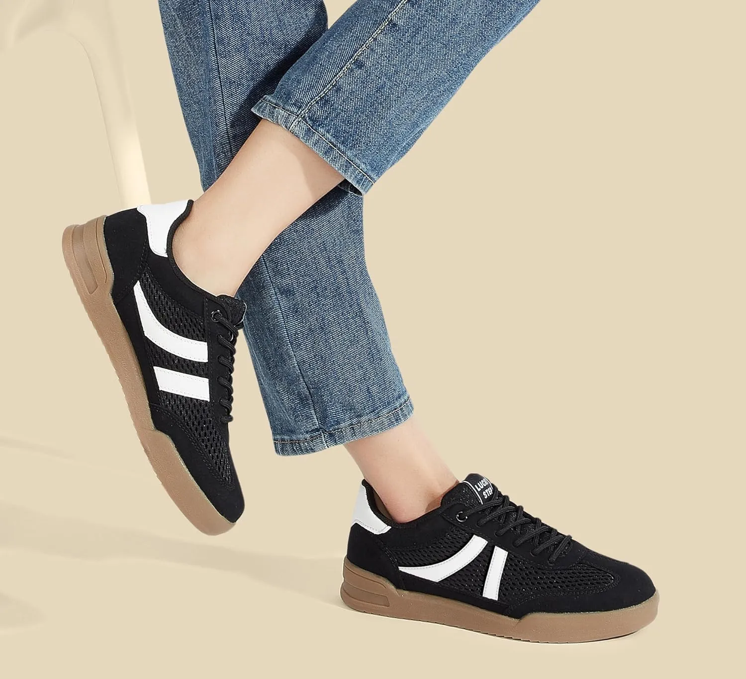 LUCKY STEP Women's Retro Fashion Sneakers Classic Mesh Gum Sole Tennis Footwear Casual Running Trainer Skate Walking Shoes