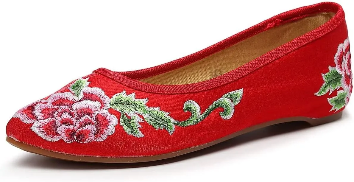 LUXINYU Women's Slip on Flats,Traditional Chinese Style Embroidered Round Toe Ballet Flats Shoes