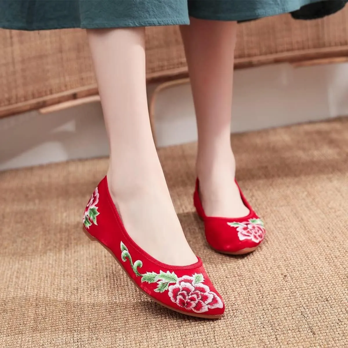 LUXINYU Women's Slip on Flats,Traditional Chinese Style Embroidered Round Toe Ballet Flats Shoes