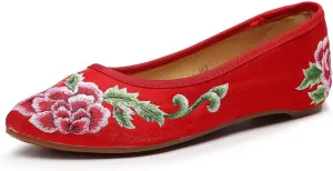 LUXINYU Women's Slip on Flats,Traditional Chinese Style Embroidered Round Toe Ballet Flats Shoes
