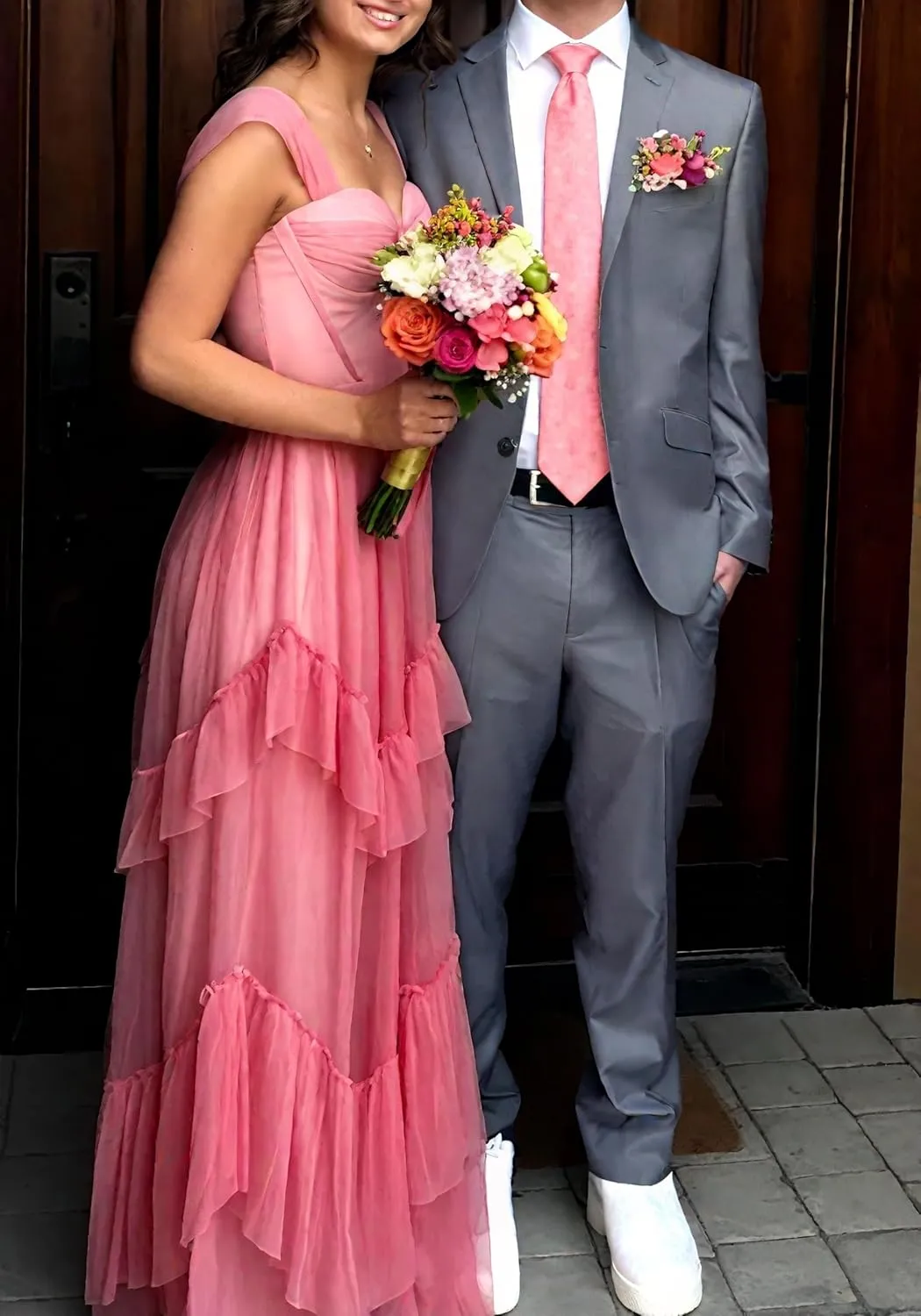 LVNES Tiered Prom Sweetheart Neck Ruffle Layered Chiffon Bridesmaid Dress Graduation Homecoming Wedding Guest Dress