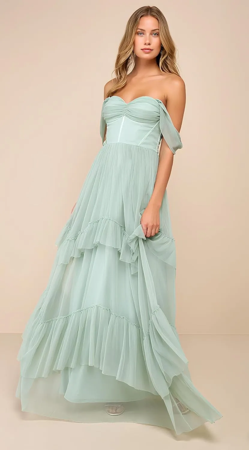 LVNES Tiered Prom Sweetheart Neck Ruffle Layered Chiffon Bridesmaid Dress Graduation Homecoming Wedding Guest Dress