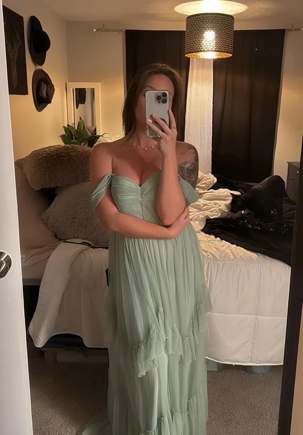 LVNES Tiered Prom Sweetheart Neck Ruffle Layered Chiffon Bridesmaid Dress Graduation Homecoming Wedding Guest Dress