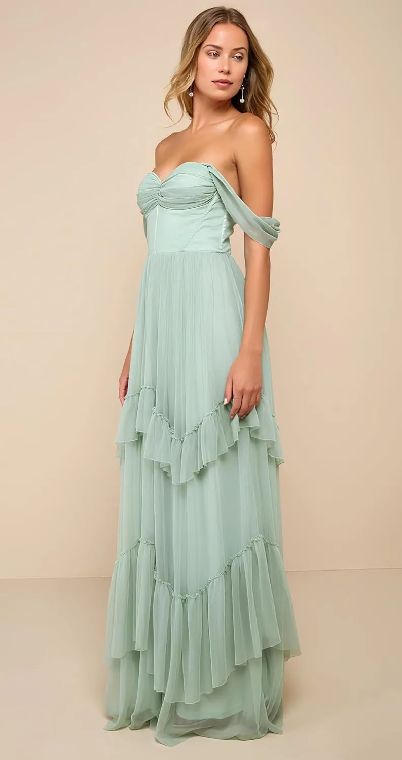 LVNES Tiered Prom Sweetheart Neck Ruffle Layered Chiffon Bridesmaid Dress Graduation Homecoming Wedding Guest Dress