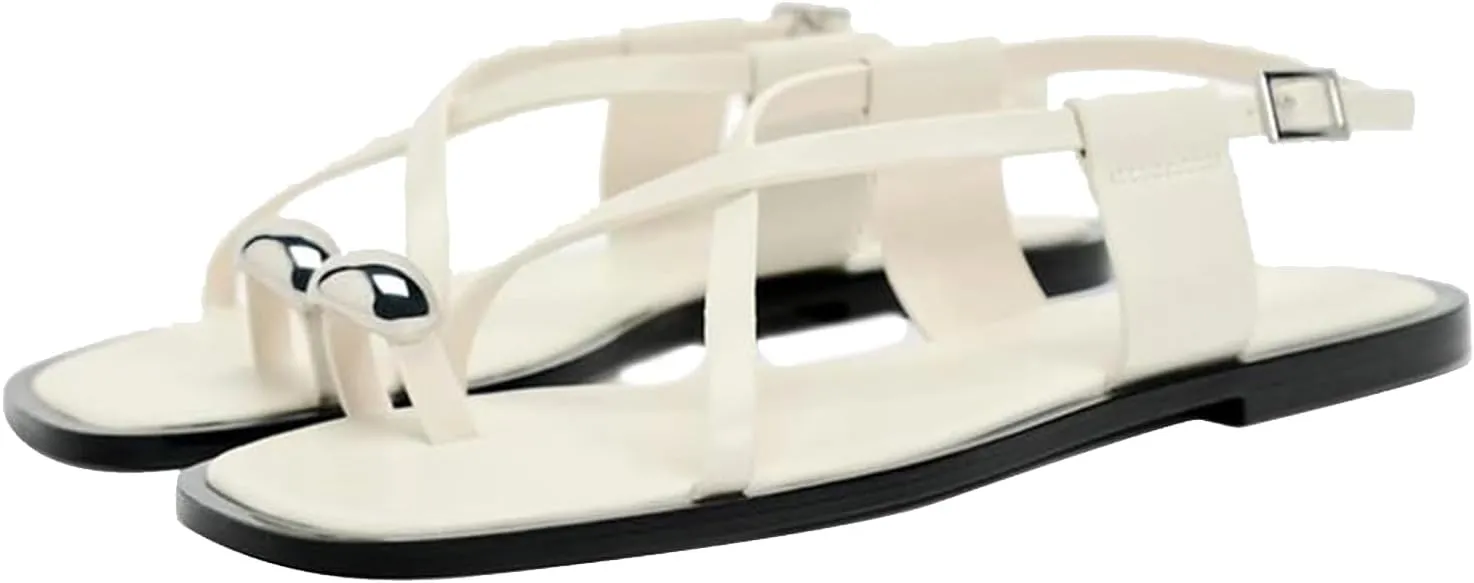 Lymphvity Women's Metal Toe Ring Strappy Flat Sandals Open Square Toe Gladiator Lace Up Sandals With Buckle Strap Casual Summer Beach Slides Sandal
