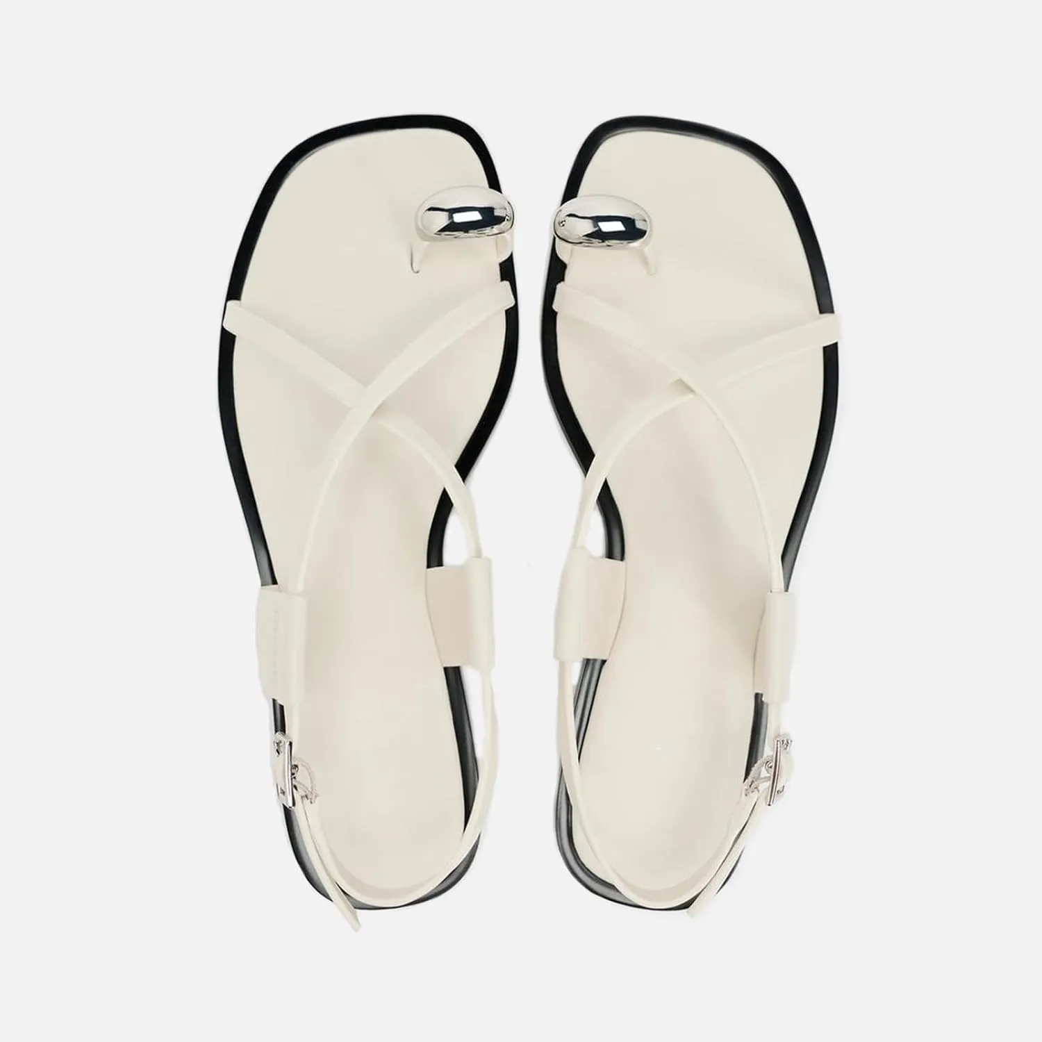 Lymphvity Women's Metal Toe Ring Strappy Flat Sandals Open Square Toe Gladiator Lace Up Sandals With Buckle Strap Casual Summer Beach Slides Sandal